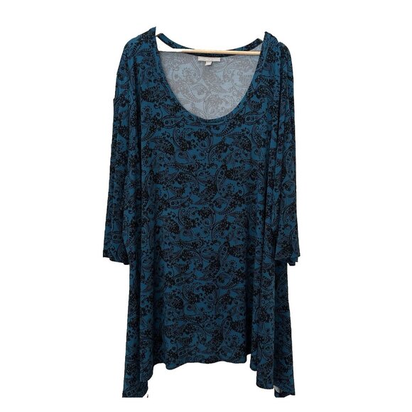 Woman Within PLUS 5X (38 / 40) Teal Pasiley Stretch 3/4 Sleeve Soft Blouse Top - Picture 1 of 5
